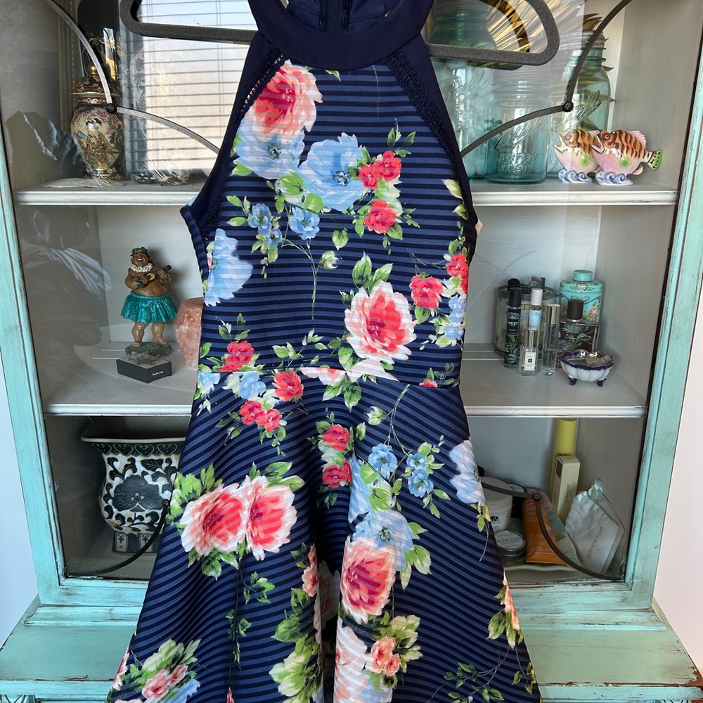 Crystal Doll Blue and Pink Dress with Floral Print and Wide Leg Design